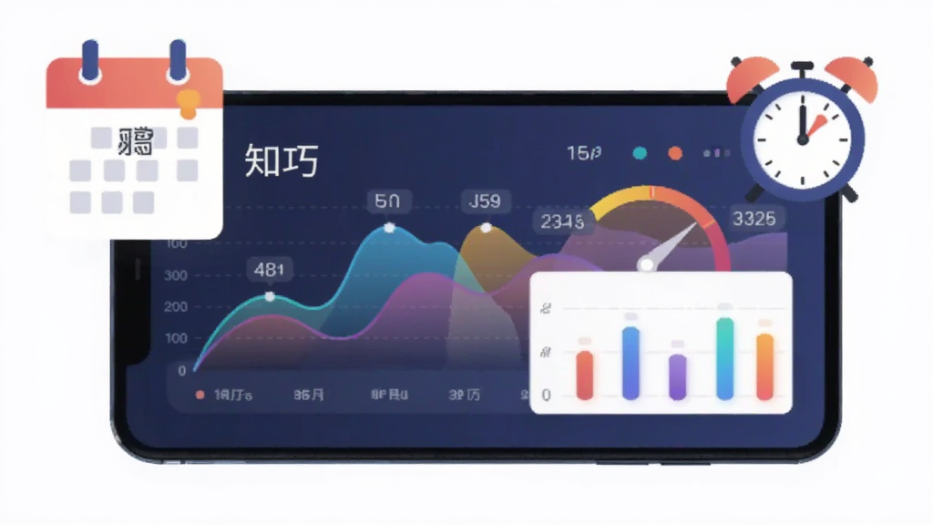 画面展示一个进度追踪仪表盘,仪表盘上有曲线图和柱状图,旁边有日历和闹钟图标,整体布局在手机屏幕内,风格为数据可视化扁平插画,细节包括渐变色彩和数字标注,画质清晰干净,无多余元素,图片中文字标注“知巧”