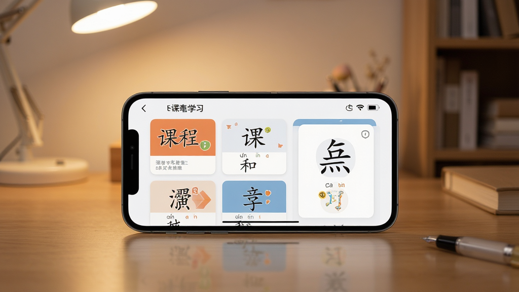 一张展示SuperChinese软件界面的场景图,主体为一部智能手机放置在木质桌面上,屏幕显示SuperChinese中文学习应用的主页界面,包含课程卡片和汉字练习模块,布局为手机居中、背景为温馨的书房环境,风格为现代简约科技风,细节包括屏幕上的中文汉字和拼音标注清晰可见,画质高清、干净、无多余元素
