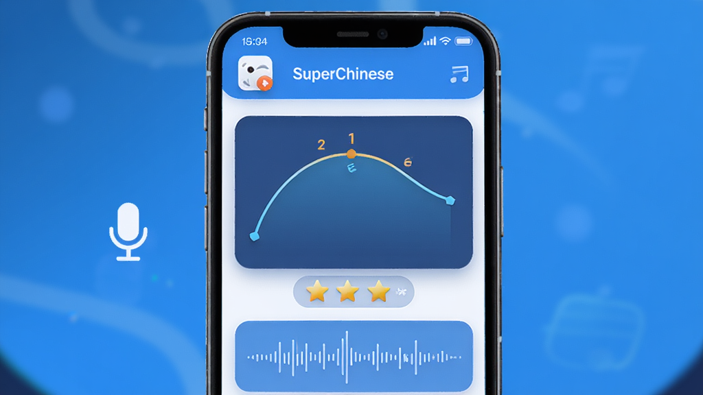 一幅展示AI语音评测功能的插画,主体为SuperChinese应用界面中发音评分页面,布局为手机屏幕居中显示声调曲线和评分星级,风格为清新科技蓝调,细节包括麦克风图标和波形图,画质高清、干净、无多余元素