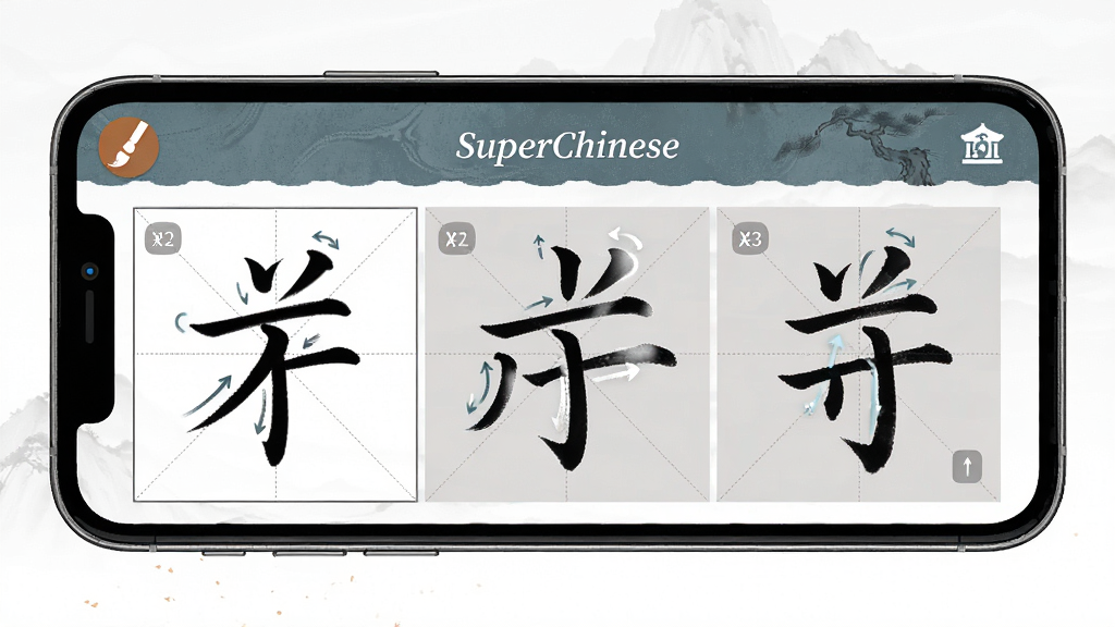 一幅展示汉字书写训练功能的图片,主体为SuperChinese应用内汉字练习页面,布局为手机屏幕显示田字格和笔画动画,风格为传统中国风与现代UI结合,细节包括毛笔图标和笔顺编号,画质高清、干净、无多余元素
