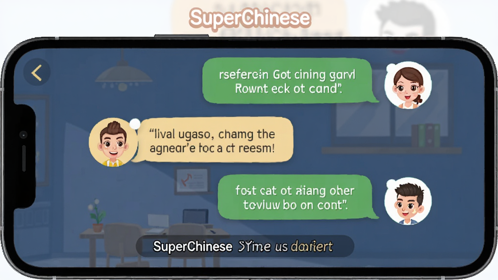 一幅展示情景对话模拟功能的画面,主体为SuperChinese应用中对话练习界面,布局为手机屏幕显示对话气泡和角色头像,风格为活泼卡通风格,细节包括中英文对照字幕和场景插画,画质高清、干净、无多余元素