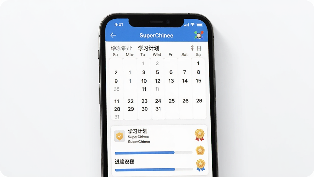 一幅展示个性化学习计划功能的画面,主体为SuperChinese应用中的学习计划页面,布局为手机屏幕显示日历视图和进度条,风格为简约商务风,细节包括每日任务清单和成就徽章,画质高清、干净、无多余元素
