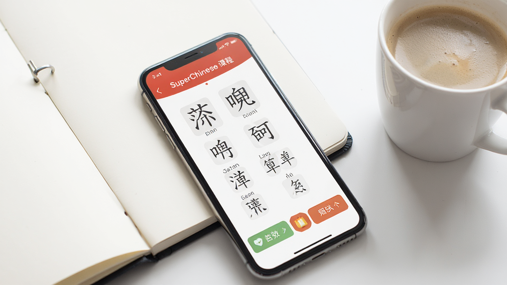 一张展示SuperChinese移动端学习场景的图片,主体为一部手机显示SuperChinese课程学习界面,布局为手机斜放在笔记本旁边,风格为明亮清新的学习氛围,细节包括屏幕上的汉字和拼音、旁边放着一杯咖啡,画质高清、干净、无多余元素