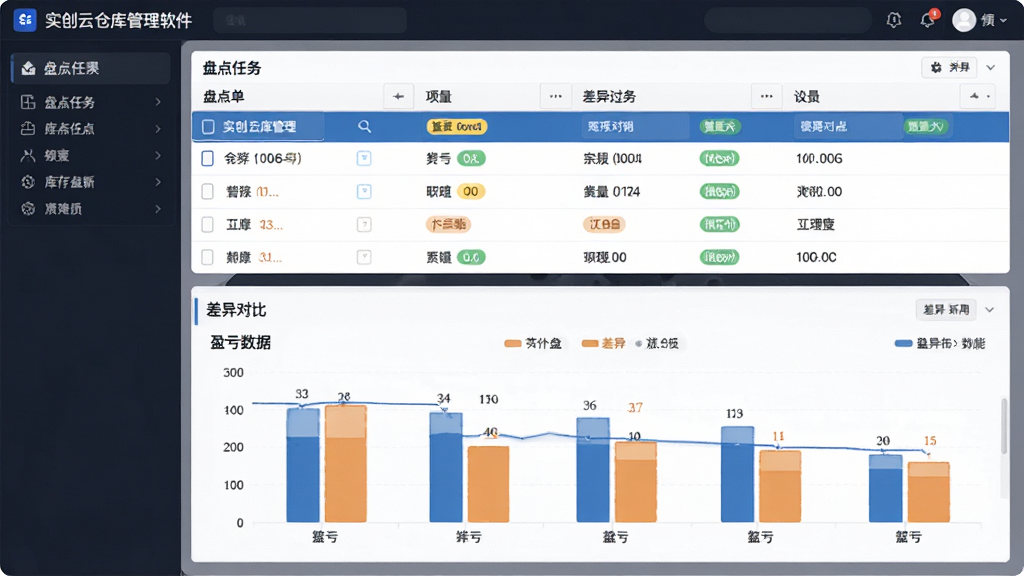 ʵ���Ʋֿ������������̵㹦�ܽ��棬����Ϊ�̵㵥�б������Ա�ͼ��������Ϊ���½ṹ���Ϸ�Ϊ�̵������б����·�Ϊӯ��������״ͼ���Ű����������Ϊ���ݿ��ӻ�����磬ϸ�������������Ա���״̬��ǩ�����ʸ��壬����ɾ����޶���Ԫ��