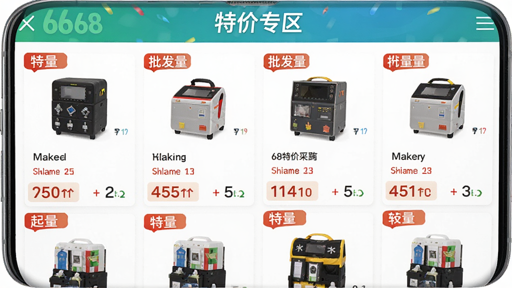 ��68�ؼ۲ɹ������������ؼ�ר��ҳ�棬�ֻ���Ļ����ʾ����ؼ���Ʒ��Ƭ��ÿ�ſ�Ƭ������ƷͼƬ�����ơ������ۺ���������ҳ�涥���С��ؼ�ר���������������Ű����룬���Ϊ���̴������ɫ�����죬ϸ�����������ʸɾ����޶���Ԫ��