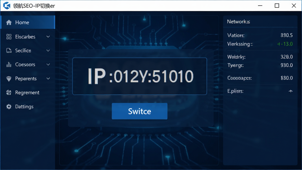 软件主界面截图,展示领航SEO-IP切换器的工作窗口,界面中央有醒目的IP地址显示区域和切换按钮,左侧为功能导航菜单,右侧为当前网络状态信息,整体采用深蓝色科技风格,画面干净整洁,无多余元素,高清画质