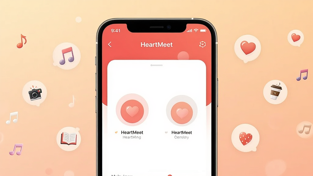 һ��չ�� HeartMeet ����������ֻ�ģ��ͼ������������һ���ִ������ֻ�����Ļ��ʾ HeartMeet ��ƥ����棬��������͵�ůɫ�����䣬��ΧƯ���Ŵ�����ͬ��Ȥ���õ�Сͼ�꣬��������������鱾�����ȱ������������¡���ů���ִ���������������ͼ�ɾ����޶���Ԫ��
