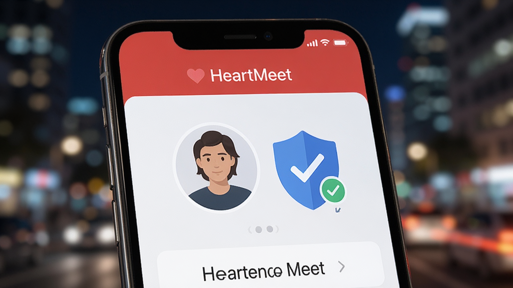 HeartMeet ����������֤ҳ��չʾͼ���ֻ���Ļ��д��������ʾһ���û�ͷ���Ա���һ����ɫ�Ķ�����֤��־���������黯�ĳ���ҹ�������дʵ����ȫ���ɿ�������ϸ�壬������Ԫ��