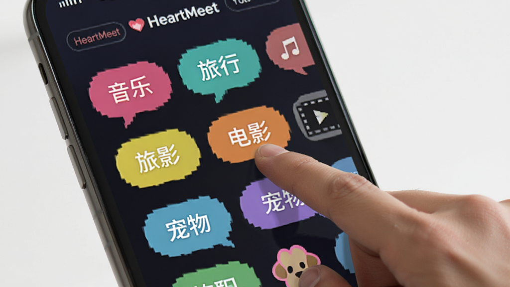 HeartMeet ������Ȥ��ǩѡ�����ͼ��չʾ�ֻ���Ļ�������Ÿ��ֲ�ɫ����Ȥ��ǩ���ݣ��硰���֡��������С�������Ӱ�����������һֻ�����ڵ������һ����ǩ����������á���ʡ�ֱ�ۣ����������������ɾ�
