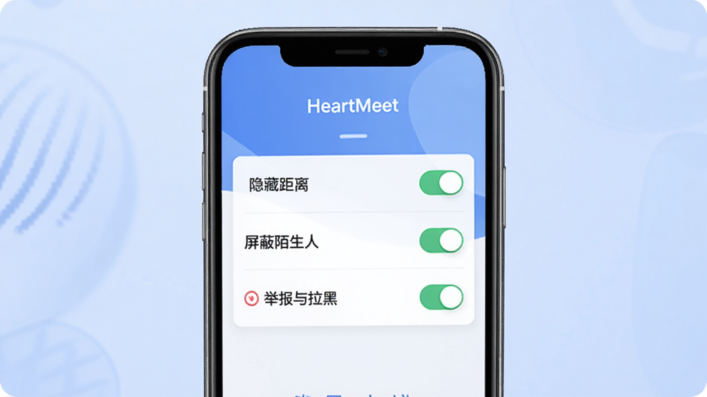 HeartMeet ������ȫ���Ľ���ͼ���ֻ���Ļչʾ��˽����ѡ���б������������ؾ��롱��������İ���ˡ������ٱ������ڡ��ȿ��ذ�ť����������͵���ɫ�������רҵ���Ͻ�����ȫ����������