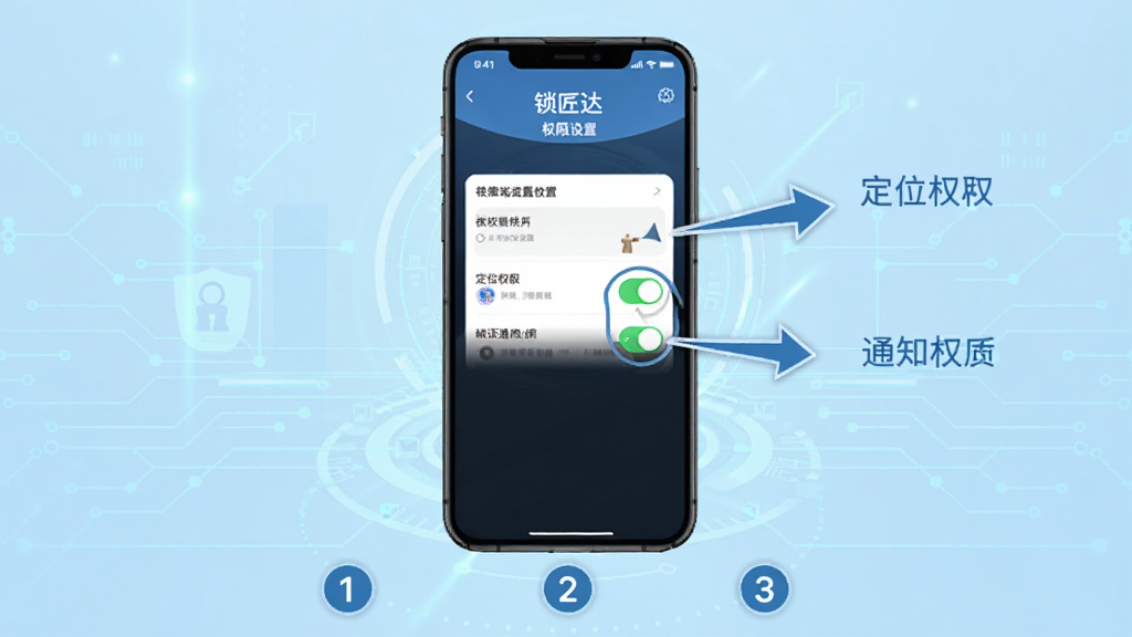 �������ƶ���ʹ�ý̳�ʾ��ͼ��������һ���ֻ�չʾ������APP��Ȩ������ҳ�棬�Ա��м�ͷָ��λȨ�޺�֪ͨȨ�޵Ŀ��ذ�ť���ֻ��·��в�����1��2��3��ͼע��������ǳ��ɫ�Ƽ����������������ֱ�ۣ������������޶���Ԫ��