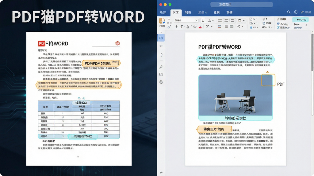 һ��չʾPDF�ĵ���ת����Word�ĵ����ҶԱȵ�ʾ��ͼ���������ΪPDFԭ���Ű桢�Ҳ�Ϊת�����Word�ɱ༭���棬����Ϊ���ҷ����Աȣ����Ϊ���칫�Ƽ��磬ϸ�ڰ������ֶ�����롢��������������ͼƬλ��һ�¡�������עת��ǰ��һ�µ�Ԫ�أ����ʸ���ɾ��޶���Ԫ�أ���������ʾ���֡�PDFèPDFתWORD���͡�ת��ǰ��Աȡ�