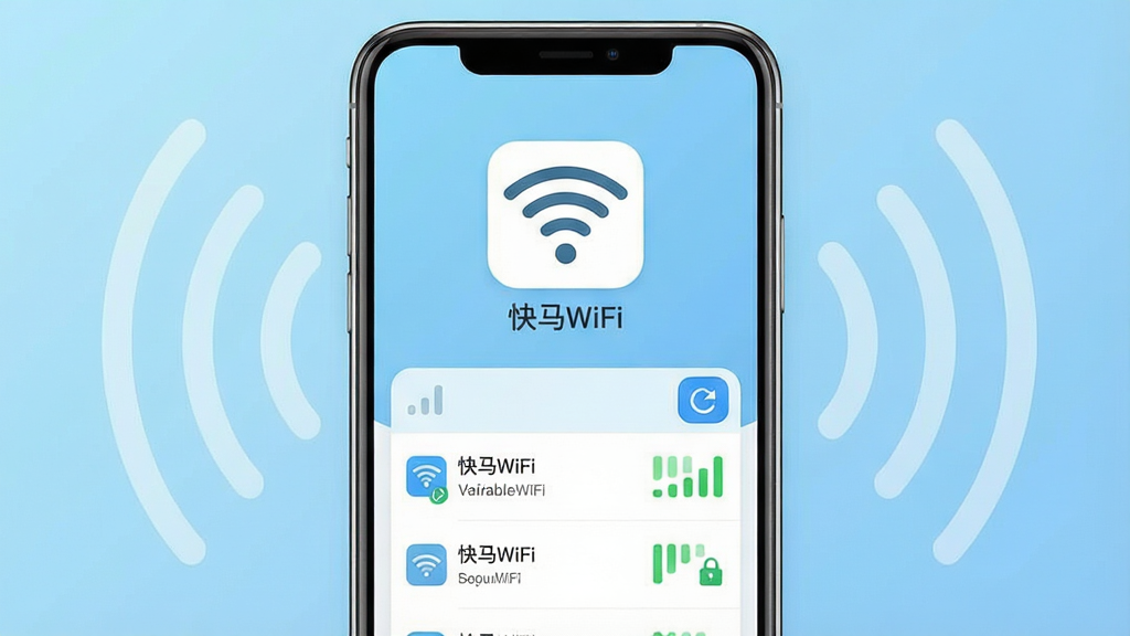 һ��չʾ�����ֻ���Ļ��ͼƬ����Ļ������ʾ������WiFi��Ӧ�������棬����ɾ����࣬�Ϸ�����Ŀ��WiFi�ź�ͼ�꣬�·��г�������������������ź�ǿ�ȣ�����Ϊǳ��ɫ���䣬��Χ�����ż�Լ�������źŲ���Ԫ�أ����������¿Ƽ��У�����ͻ�������־��У��Ű����������Ϊ��ƽ��UI��ƣ�ϸ�ڰ����źŸ�ˢ�°�ť����ȫ��ͼ�꣬�����������ɾ����޶���Ԫ��