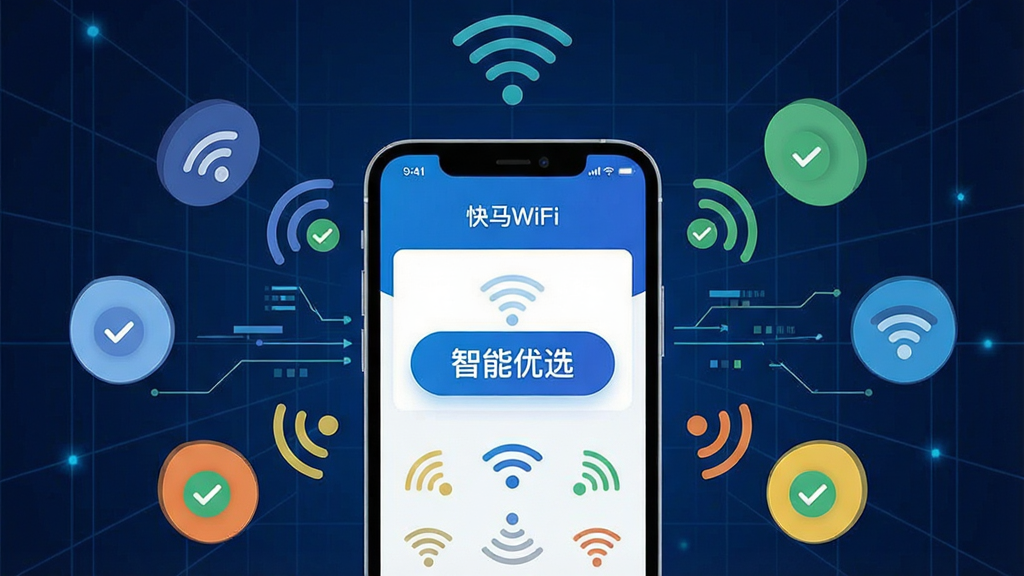 һ��չʾ������WiFi��������ѡ���ܵ�ʾ��ͼ������������һ���ֻ����ֻ���Ļ��ʾ������WiFi��Ӧ������ɨ���ܱ�WiFi����Ļ�Ϸ���һ����Ŀ�ġ�������ѡ����ť����Χ�����Ŷ��WiFi�ź�ͼ�꣬�ź�ǿ���ò�ͬ��ɫ���֣�����Ϊ����ɫ�Ƽ�����������Ϊ�ֻ����ź�ͼ�꣬���ֲ������ķ�ɢʽ���Ű��࣬���Ϊ�ִ��Ƽ��廭��ϸ�ڰ����źŲ��ơ������������Թ�ͼ�꣬�����������ɾ����޶���Ԫ��
