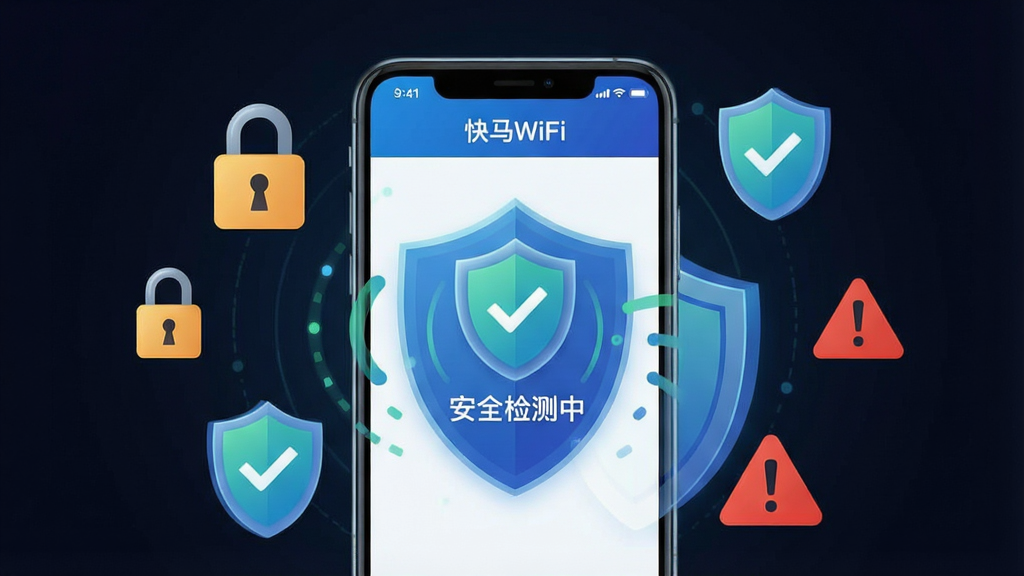 һ��չʾ������WiFi�����簲ȫ��⹦�ܵ�ʾ��ͼ������������һ���ֻ�����Ļ��ʾ������WiFi��Ӧ�����ڶ�WiFi���а�ȫɨ�裬��Ļ���ж���ͼ��͡���ȫ����С���������Χ����������ͼ��;����ʶ������Ϊ��ɫ���䣬����Ϊ�ֻ�����ƣ����־��У��Ű����������Ϊ��ȫ����廭��ϸ�ڰ����������ơ��Թ�����̾�ţ������������ɾ����޶���Ԫ��