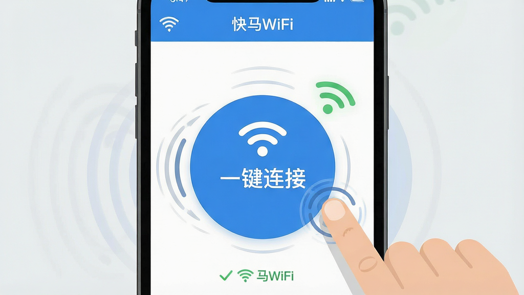 һ��չʾ������WiFi��һ�����ӹ��ܵ�ͼƬ��������һ���ֻ���Ļ��ʾ������WiFi��Ӧ�ý��棬������һ���޴��Բ�Ρ�һ�����ӡ���ť����ť��Χ����ָ����Ķ���Ч��������Ϊǳ��ɫ������Ϊ�ֻ��밴ť�����־��У��Ű�ͻ����ť�����Ϊ��ƽ��ͼ����ƣ�ϸ�ڰ���������ơ����ӳɹ���ʾ��WiFiͼ�꣬�����������ɾ����޶���Ԫ��