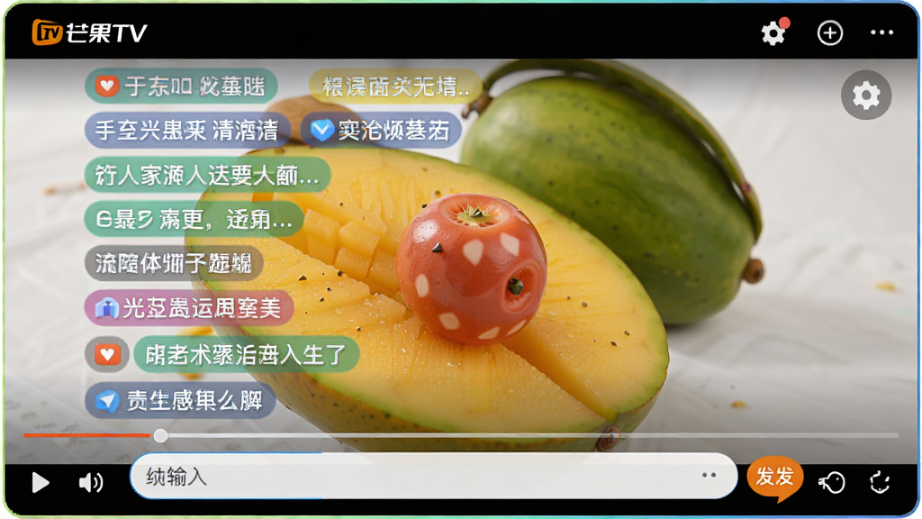 һ��չʾâ��TV��Ļ�����������ͼ������Ϊ���Բ�����ȫ��״̬����Ƶ�����Ϸ�Ʈ��������ɫ�ĵ�Ļ���֣��ײ��е�Ļ������뷢�Ͱ�ť��������ữ��ϸ���е�Ļ���ó���ͼ�꣬���ʸ��壬����ɾ����޶���Ԫ��