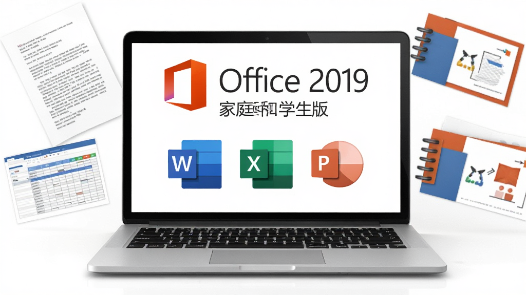 ��������չʾһ̨�򿪵ıʼǱ����ԣ���Ļ�ϳ��֡�Office 2019 ��ͥ��ѧ���桱�Ĳ�ɫ��־��Word��Excel��PowerPointͼ�겢�Ų��֣���Χ�����ĵ������񡢻õ�Ƭ�Ȱ칫Ԫ�أ������Ű�������������ִ�����ϸ�ھ��£����ʸ��壬����ɾ����޶���Ԫ��