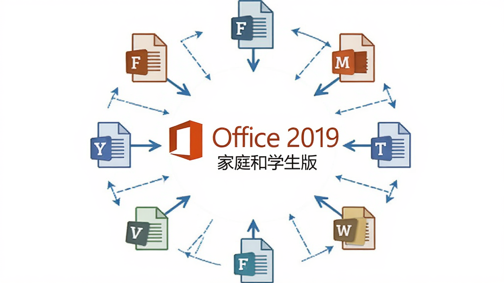 ��������չʾ����ĵ���ʽͼ�껷�ơ�Office 2019 ��ͥ��ѧ���桱���ı�ʶ�����ֳ�Բ�η���״����������죬ϸ�ڴ��������������ͷԪ�أ����ʸ��壬����ɾ����޶���Ԫ��