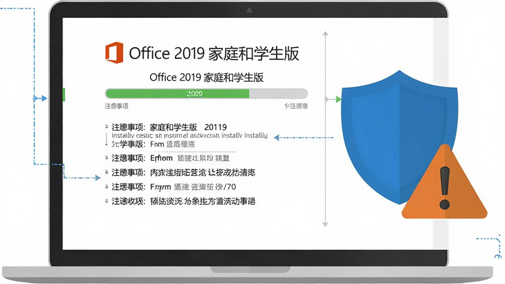 ����չʾһ̨�ʼǱ�������Ļ��ʾ��Office 2019 ��ͥ��ѧ���桱��װ��������ע�������б����Ա��ж����뾯ʾͼ��Ԫ�أ��������ҷ���������ƽ����Ϣͼ��ϸ�����������ʸ��壬����ɾ����޶���Ԫ��