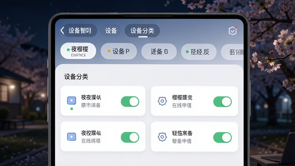 һ��չʾҹӣ�ǿض��豸�������ܵ�AIͼƬ������Ϊҹӣ�ǿ�APP���棬���ַ�Ϊ���½ṹ���ϰ벿��Ϊ�豸�����ǩ���°벿��Ϊ�豸��Ƭ�б����Ű��������򣬷��Ϊ��ˬ��Լ��ǳɫϵUI��ϸ�ڰ����豸ͼ�ꡢ����״̬СԲ�㡢���ƿ��ذ�ť�����ʸ��壬�ɾ����޶���Ԫ��