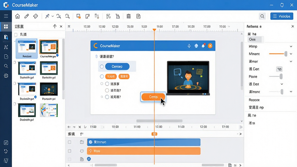 һ��չʾCourseMaker����ʽ΢������ϵͳ���������ȫ��ͼ���������������༭���ڣ���������ʾʱ������������زĿ���塢�Ҳ����������������뻭�����򣬻�������һ�����ڱ༭�Ľ���ʽ�μ�ҳ�棬������ť��ѡ����ѡ��Ͷ���Ԫ�ء����ֲ����������ṹ�����խ���м�����Ҳ����С��Ű��������������Ϊ�ִ������Ƽ��磬������ɫ������Ϊ������׺������ɫ������ϸ�ڰ���������ͼ�ꡢʱ����̶ȡ�ͼ������ͼ�����ָ����ͣ�ڽ�����ť�ϵ�״̬�����ʸ��壬�ɾ����޶���Ԫ�ء�