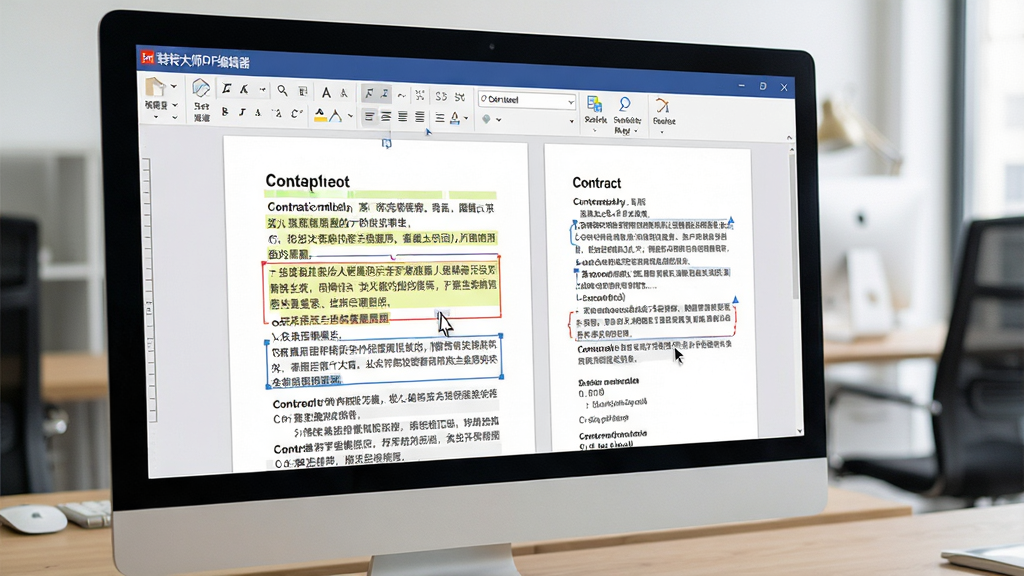 һ��չʾPDF�༭���ܵĳ���ͼ�������ǵ�����Ļ����Ļ����ʾ��תת��ʦPDF�༭�������ڱ༭һ�ݺ�ͬ�ĵ�������Ϊ�ĵ��������������ʾ�ɱ༭���֣��Ű�Ϊ���ҷ��������Ϊдʵ�칫�磬ϸ�ڰ�����ꡢ�޸ĺۼ���������ͼ�꣬��������������ɾ����޶���Ԫ��
