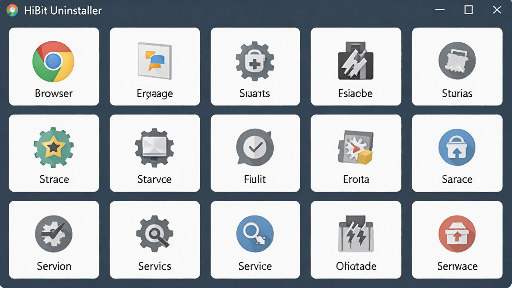 һ��չʾ HiBit Uninstaller ����������ͼƬ�������������Ŷ������ͼ�꣬����Ϊ����״���У��Ű�Գƣ����Ϊ��ƽ����ƣ�ϸ�ڰ���������������������񡢷������ͼ�꣬���ʸ��壬�ɾ����޶���Ԫ��