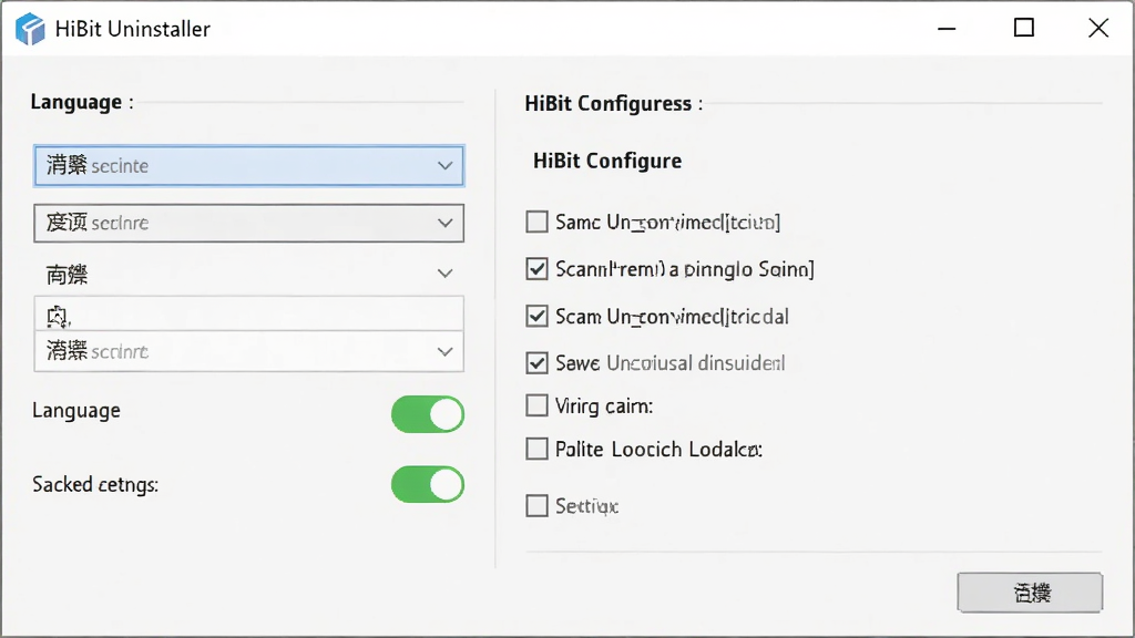 һ��չʾ HiBit Uninstaller ���ý����ͼƬ����������ʾ����ѡ����ɨ�����������Ϊ���ҷ������Ű���������Ϊǳɫ����磬ϸ�ڰ��������˵������ذ�ť����ѡ�򣬻��ʸ��壬�ɾ����޶���Ԫ��