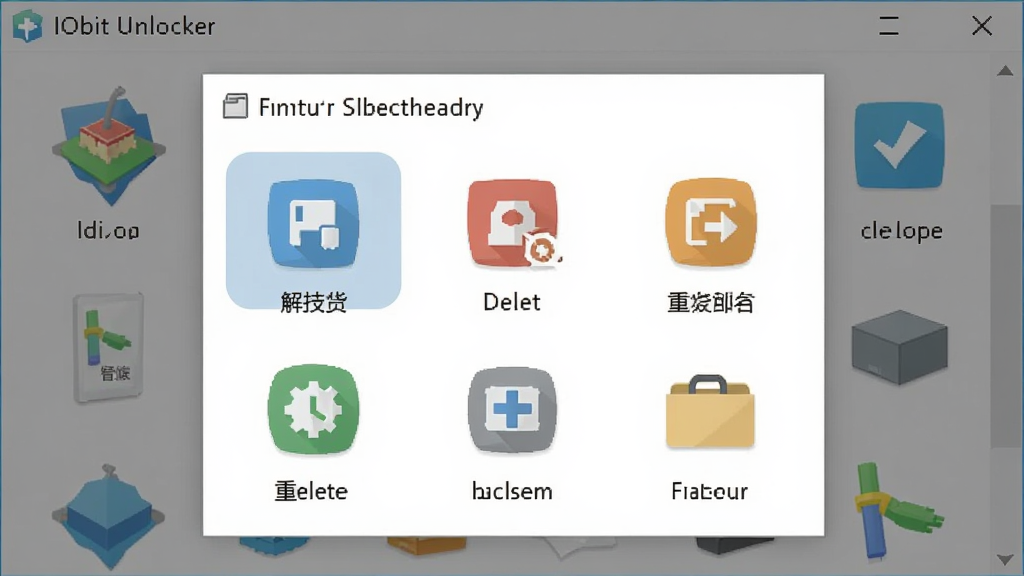 һ��չʾ IObit Unlocker ���ֲ���ģʽ��ͼƬ�������ǹ���ѡ��˵�������Ϊ����ʽ�˵���ʽ���Ű����룬���Ϊ��ƽ����ƣ�ϸ�ڰ���������ɾ������������ѡ��ͼ�꣬���ʸ��壬�ɾ����޶���Ԫ��