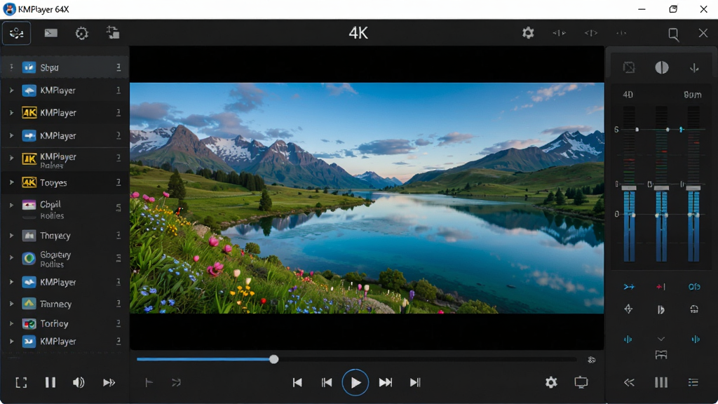 һ��չʾKMPlayer 64X�����������ͼƬ��������������ɫ�������Ƶ���Ŵ��ڣ����ڲ���һ��ɫ�����޵�4K�羰��Ƶ�������·��м��Ĳ��ſ������������ʾ�����б����Ҳ��о�������壬���岼�ָɾ����룬����ִ��Ƽ��У�ϸ�����������ʸ��壬�ɾ����޶���Ԫ��