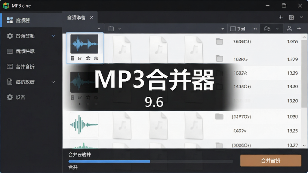 MP3�ϲ��������������ͼ����������չʾ�������ơ�MP3�ϲ������Ͱ汾�š�9.6�������������ɫ���⣬���Ϊ���ܵ��������Ҳ�Ϊ��Ƶ�ļ��б��ͺϲ���ť�������������Ű����࣬����ִ���Լ��ϸ�ڰ�����Ƶ����ͼ��ͽ����������ʸ��壬�ɾ����޶���Ԫ��