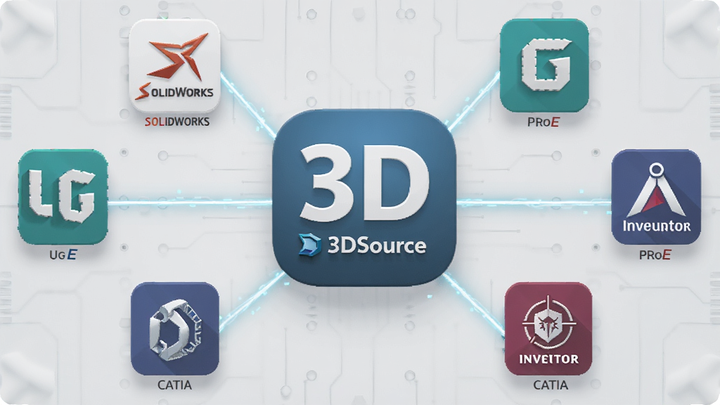 һ��չʾ3DSource������CAD��ʽ���ݵ�ʾ��ͼ������������3DSource�����ͼ�꣬��Χ����SolidWorks��UG��ProE��CATIA��Inventor������ͼ�꣬ͼ��֮���÷����������ӣ�����Ϊǳ��ɫ�Ƽ������������רҵ��ϸ�����������ʸ��壬����ɾ����޶���Ԫ��