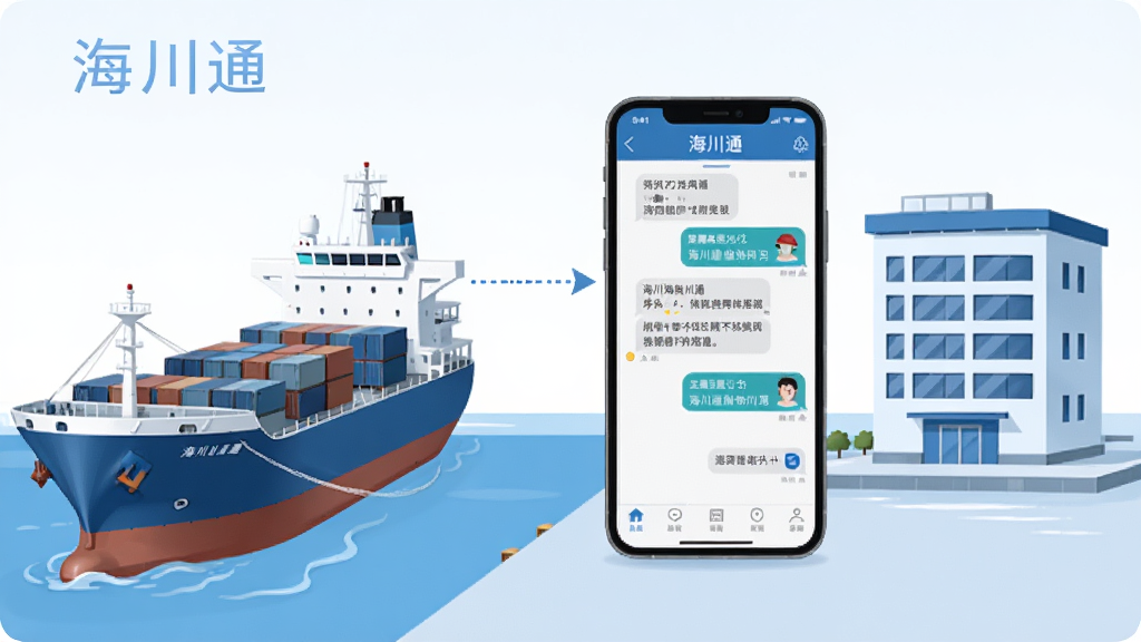 一张展示海川通船岸协同功能的示意图,画面中左侧是一艘货轮,右侧是岸上的办公楼,中间用虚线箭头连接,手机上显示着海川通APP的消息对话界面,风格为简约商务插画,色彩以蓝色和白色为主,细节清晰,画质干净,图片中可带有文字“海川通”