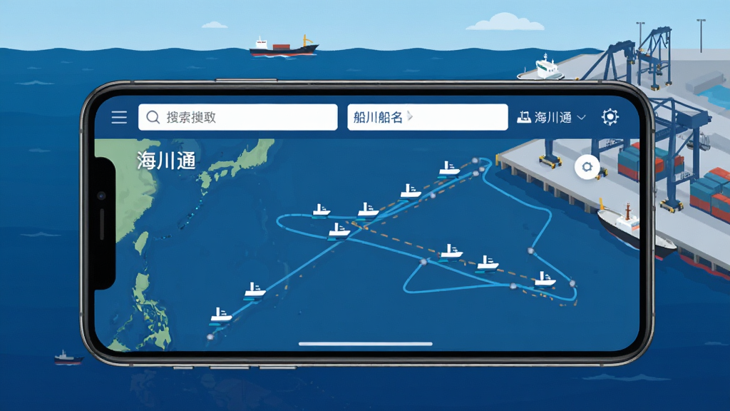 一张展示海川通船舶动态查询功能的界面截图风格图片,画面中一部手机横屏显示着海川通APP的船舶轨迹地图,地图上有多个船只图标和航线,屏幕上方有搜索框和船名输入提示,背景为深蓝色海洋与港口码头,风格为科技感扁平插画,细节清晰,画质干净,图片中可带有文字“海川通”