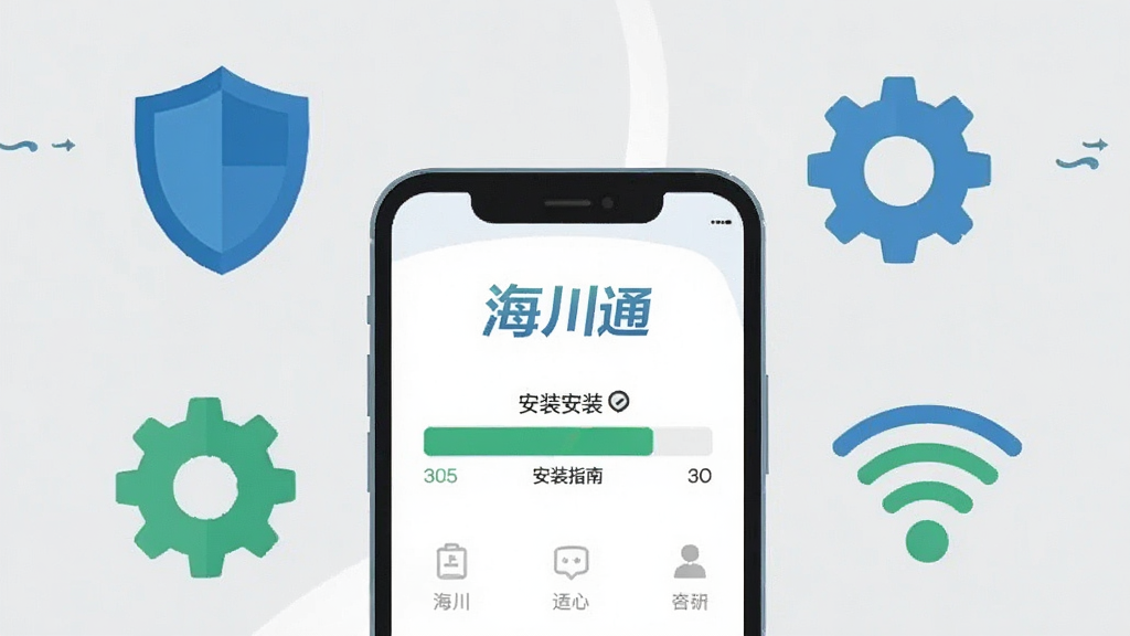 一张展示海川通新手操作指南的示意图,画面中一部手机屏幕显示着海川通APP的安装进度条,手机周围有盾牌图标、齿轮图标和WiFi信号图标,背景为浅灰色,风格为扁平化信息图,色彩以蓝色和绿色为主,细节清晰,画质干净,图片中可带有文字“海川通”