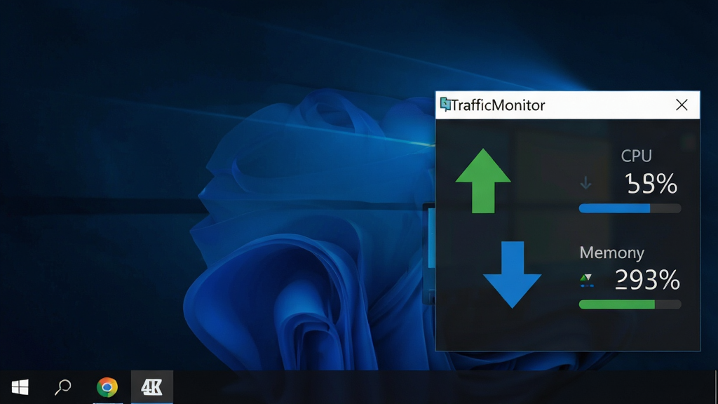 һ�Ÿɾ��������������ͼ������Ϊ Windows �������Ҳ�Ƕ��� TrafficMonitor ����������ʾ��ɫ���ϵ��ϴ���ͷ����ɫ���µ����ؼ�ͷ���Ա��� CPU ���ڴ�ռ�ðٷֱ����֣�����Ϊ��ɫ�����ֽ���������������Ϊ�ִ��Ƽ��б�ƽ����ƣ�ϸ�ڰ�����������������ͼ���ࡢ�޶�������Ԫ�أ����� 4K ���壬�ɾ��޶���Ԫ��