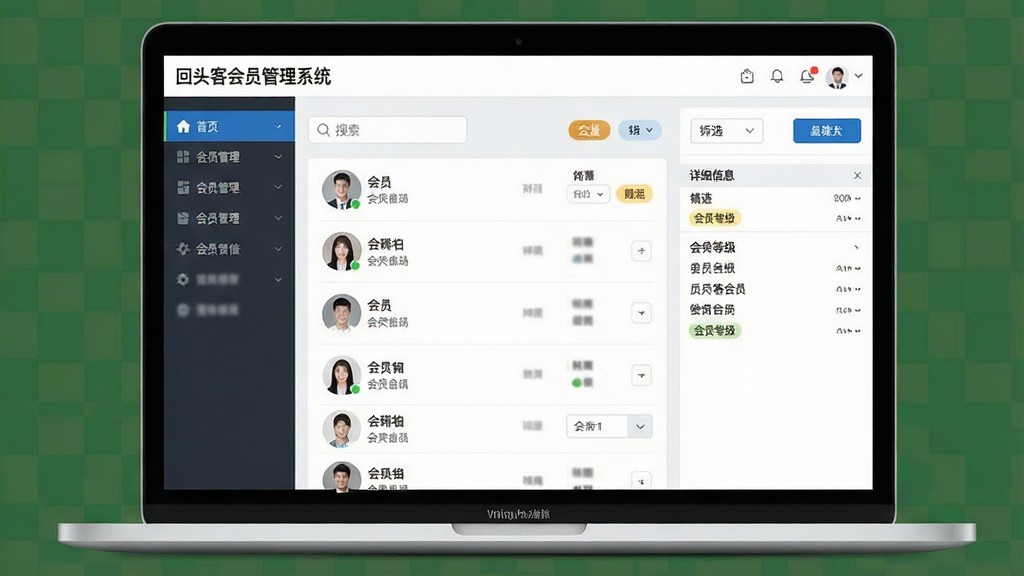 生图提示词:画面主体为一台笔记本电脑屏幕,屏幕上显示回头客会员管理系统的会员档案列表,左侧为功能导航栏,中间为会员头像与姓名列表,右侧为详细信息面板,布局为三分栏,排版整齐,风格为现代办公,细节包含搜索框、筛选按钮、会员等级标签,屏幕中文字包含“回头客会员管理系统”,画质清晰,干净,无多余元素