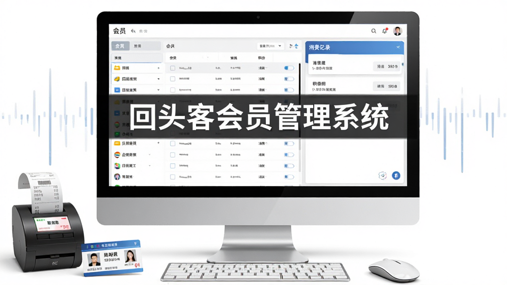 主图展示一台收银电脑屏幕上打开回头客会员管理系统界面,左侧为会员列表,右侧为消费记录与积分面板,画面中央有“回头客会员管理系统”字样,布局为横向宽屏,风格为简洁商务,细节包含鼠标、小票打印机、会员卡等元素,画质清晰,干净,无多余元素