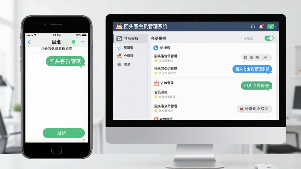 生图提示词:画面主体为一部智能手机和一台电脑并排摆放,手机屏幕显示短信发送界面,电脑屏幕显示回头客会员管理系统的会员提醒列表,布局为左右对比,风格为科技商务,细节包含发送按钮、生日蛋糕图标、消息气泡,屏幕中文字包含“回头客会员管理系统”,画质清晰,干净,无多余元素