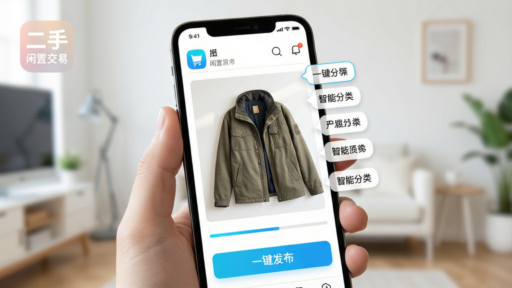 һ��AI��ͼ������Ϊ�������ý���APP�ķ������ܡ�����������һֻ�������ֻ�����Ļ����ʾ���ڷ���һ���������׵���Ƭ���Ա��з����ǩ�Զ�����������Ϊ�ֻ�������д�������Ǽ������ڻ������Ű��ϣ��ֻ�����Ԫ���������С�һ���������İ�ť�����Ϊдʵ�Ƽ��磬ɫ��������ϸ�ڰ�����Ƭ�ϴ������������ܷ�����ʾ���ݣ��Լ����������ý��ס���APPͼ�ꡣ��������������ɾ����޶���Ԫ�ء�