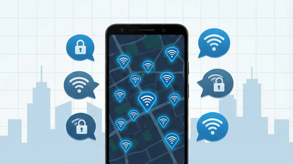 һ��WiFi����Կ�׺����ȵ㹲�����ܵ�ʾ��ͼ������������һ����׿�ֻ�����Ļ��ʾ��ͼ���ܲ�����ɫWiFi�ȵ��ǣ��ֻ��Ա�Ư���Ŷ����������ͼ�������ͼ���WiFi�ź����ݣ������ǳ��н�����Ӱ��ǳɫ�����������ִ���࣬�Ű���У�ϸ�ڷḻ�����ʸ��壬�ɾ����޶���Ԫ��