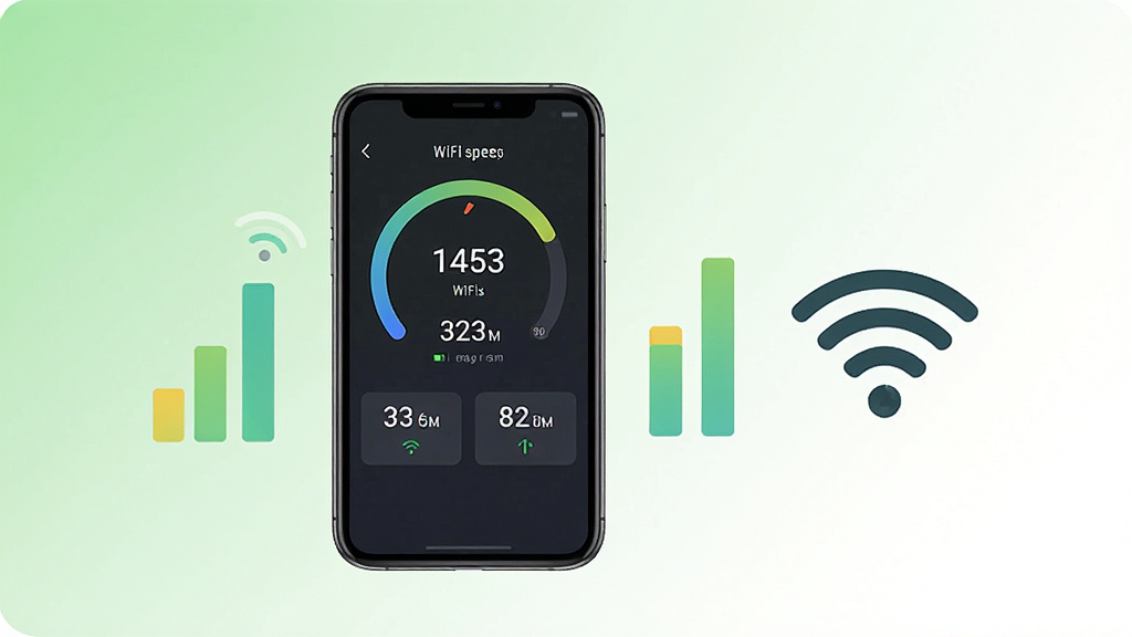 һ��WiFi����Կ��������ٹ��ܵ�չʾͼ������������һ���ֻ�����Ļ����ʾ�Ų����Ǳ��̺��������ٶ���ֵ���Ա����ź�ǿ����״ͼ��WiFiͼ�꣬������ǳ��ɫ���ɫ���䣬�����ˬ���죬�Ű������ϸ�����������ʸ��壬�ɾ����޶���Ԫ��