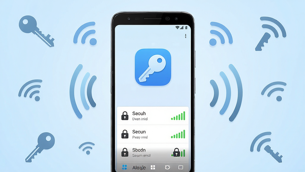 һ��չʾWiFi����Կ��������������ֻ���ͼ����棬����������һ��������׿�ֻ�����Ļ����ʾ��WiFi����Կ�׵���ɫԿ��ͼ����ܱ�WiFi�б����б����ж�������������������������ź�ǿ�ȣ���������͵�ǳ��ɫ���䣬��Χ��׺��Կ�ס��źŲ��ơ�WiFi���ŵ�Ԫ�أ����������¿Ƽ����Ű�ɾ����࣬ϸ�����������ʸ��壬�ɾ����޶���Ԫ��