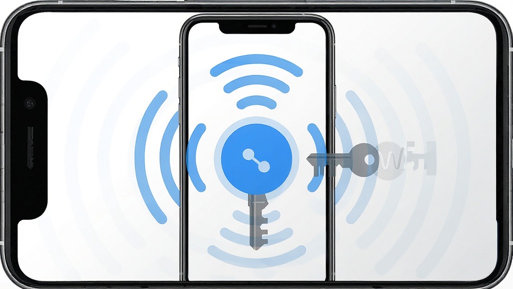 һ��WiFi����Կ��һ�����ӹ��ܵ�չʾͼ������������һ���ֻ�����Ļ����һ����Ŀ����ɫԲ�����Ӱ�ť����ť��Χ������WiFi�źŲ��ƺ�Կ��ͼ�Σ������Ǹɾ��İ�ɫ��ǳ�ҽ��䣬����ƽ�����Ű��Լ��ϸ�����������ʸ��壬�ɾ����޶���Ԫ��
