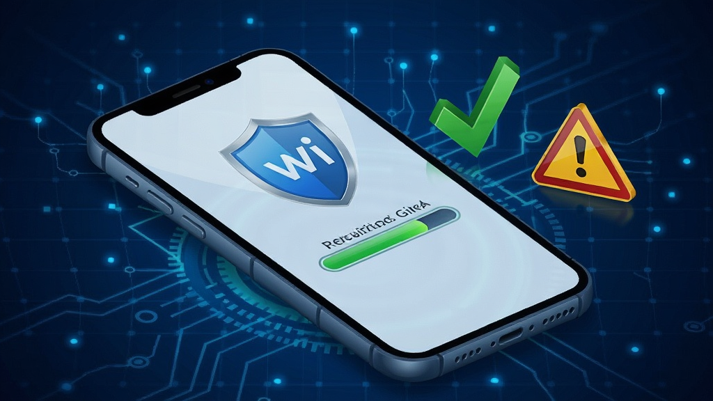 һ��WiFi����Կ�����簲ȫ��⹦�ܵ�ʾ��ͼ��������һ���ֻ���Ļ��ʾ����ͼ���밲ȫ�����������Ա�����ɫ�Թ��;�ʾ��־������������ɫ�Ƽ����������㣬�������רҵ���Ű�������ϸ�ڷḻ�����ʸ��壬�ɾ����޶���Ԫ��