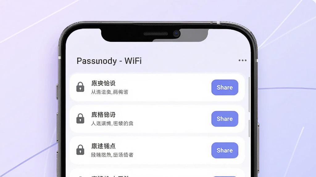 һ��WiFi����Կ������������������ʾ��ͼ��������һ���ֻ���Ļ��ʾ���ѱ���WiFi�б���ÿ����¼��������ͼ��ͷ�����ť�������ǵ���ɫ���������������������ִ����Ű����룬ϸ�ڷḻ�����ʸ��壬�ɾ����޶���Ԫ��