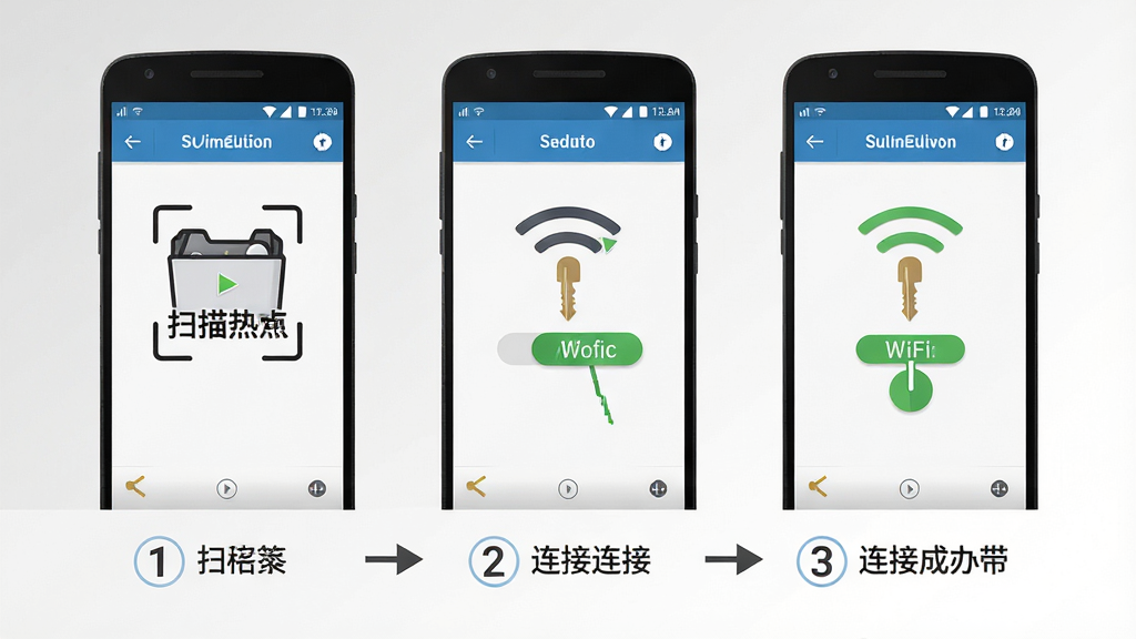 һ��չʾ��׿�ֻ�ʹ��WiFi����Կ������WiFi�Ĳ�������ͼ�������Ϊ�������ŵ��ֻ���Ļ������������Ϊɨ���ȵ㡢������ӡ����ӳɹ���ÿ����Ļ�·��м��Ĳ������ֺͼ�ͷָʾ��������ǳ��ɫ���ɫ���䣬����ƽ���̷̳磬�Ű�������ϸ�ڷḻ�����ʸ��壬�ɾ����޶���Ԫ��