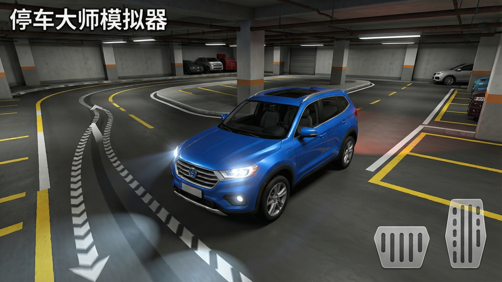 һ��3Dдʵ����������ʻģ�⻭�棬������һ����ɫSUV���ڵ��³����ֱ�����������ת�򣬳�ͷ�����𣬵�������������̥ת��Ƕ�ʾ���ߺͻ�ɫͣ��λ���ߡ��������Ͻ���ʾ��ͣ����ʦģ���������������½��а�͸�������ź�ɲ��̤��ͼ�ꡣ�����Ӱ��Ȼ�����⻷��ϸ�ڷḻ�����ʸ��壬�ɾ�������Ԫ�ء�