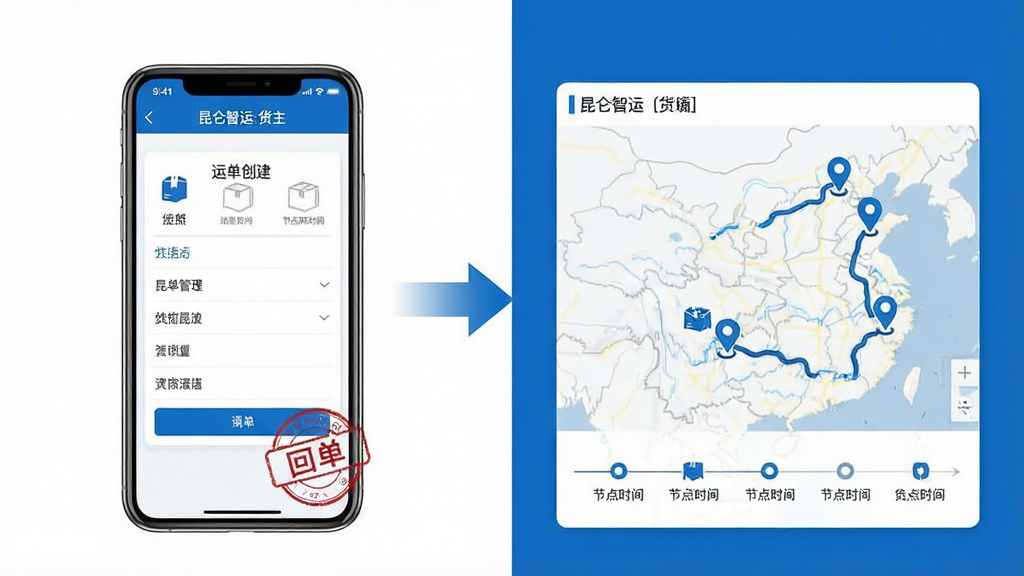 一张展示“昆仑智运-货主”运单管理流程的示意图,画面左侧为手机屏幕显示运单创建表单,右侧为地图轨迹与节点时间轴,中间用箭头连接,布局为左右分栏,风格为简洁商务蓝白配色,细节包括货物图标、定位标记、回单印章,画质清晰,干净,无多余元素